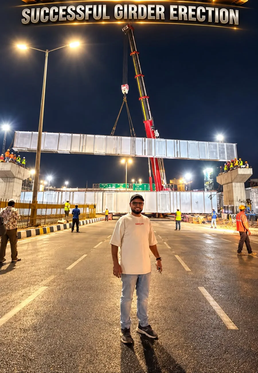 AC 700 ton crane lifting an ROB girder at night for airport access